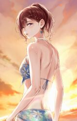 1girl absurdres backlighting bead_necklace beads bikini blue_bikini braid breasts choker earrings floral_print_bikini half_updo highres higuchi_madoka idolmaster idolmaster_shiny_colors jewelry looking_at_viewer medium_breasts mole mole_under_eye necklace open_mouth purple_eyes solo sushizanmai_(sorahaaoi7) swimsuit wet white_choker