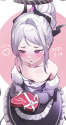 1girl absurdres alternate_costume bare_shoulders blue_archive blush box breasts cleavage demon_girl demon_horns demon_wings dress forehead gift gift_box hair_bun highres hina_(blue_archive) holding holding_box horns loli looking_to_the_side mamo_(user_jjca7524) open_mouth purple_dress purple_eyes shy sidelocks valentine white_hair wings