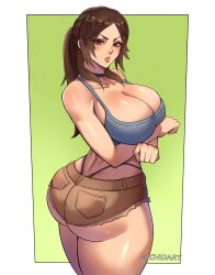1girl ass ass_focus bare_shoulders blush breasts brown_eyes brown_hair from_behind highres huge_ass lara_croft large_breasts long_hair looking_at_viewer luchidart ponytail short_shorts shorts solo thick_thighs thighs thong tomb_raider