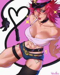 1girl absurdres blue_eyes breasts crop_top denim denim_shorts hat highres large_breasts long_hair peaked_cap pink_hair pink_lips poison_(final_fight) short_hair short_shorts shorts spiked_hair street_fighter street_fighter_v tank_top thigh_strap toned toned_female valentina_tavolilla whip white_tank_top
