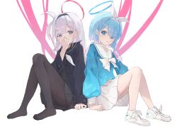 2girls arona_(blue_archive) barefoot black_choker black_hairband black_jacket black_pantyhose black_serafuku black_shirt black_skirt blue_archive blue_eyes blue_hair blue_halo blush bow bow_hairband braid choker closed_mouth colored_inner_hair covering_own_mouth eyes_visible_through_hair grey_eyes grey_hair hair_over_one_eye hair_ribbon hairband halo hand_up highres jacket loli long_hair multicolored_hair multiple_girls neckerchief no_shoes pantyhose pink_hair pink_halo pink_ribbon plana_(blue_archive) red_pupils ribbon sailor_collar school_uniform serafuku shirt shoes short_hair short_sleeves simple_background single_braid sitting skirt smile thighs two-tone_hair white_bow white_choker white_hairband white_neckerchief white_ribbon white_sailor_collar white_shoes white_skirt wrecklyfan