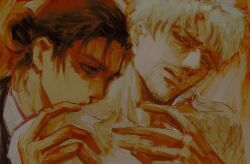 Rule 34 | 2boys, amuii, black jacket, blonde hair, blue eyes, brown hair, commentary, english commentary, eren yeager, eye contact, facial hair, hair bun, hands on another&#039;s chest, head tilt, highres, jacket, kiss, kissing neck, looking at another, male focus, multiple boys, orange theme, parted lips, reiner braun, shingeki no kyojin, short hair, single hair bun, sketch, teeth, yaoi