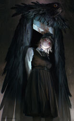 1girl bird blood chainsaw_man crow fami_(chainsaw_man) fourth_east_high_school_uniform greybookman guillotine guillotine_devil_(chainsaw_man) head_tilt highres long_skirt looking_at_viewer looking_down red_eyes school_uniform short_hair skirt solo