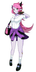 absurdres colored_skin commentary demon_horns english_commentary grand_chase green_eyes gyaru highres horns jacket kogal ley_(grand_chase) long_hair purple_skin solo thighs tied_jacket vistahero