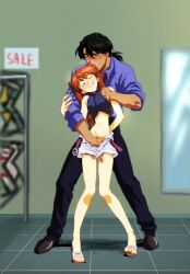 1boy 1girl age_difference amondetauro black_hair blue_shirt blush crop_top fingering flip-flops full_body grin half-closed_eyes hand_under_clothes hetero highres interface_headset_(evangelion) kaji_ryouji licking long_hair low_ponytail mature_male midriff navel neon_genesis_evangelion open_clothes open_shorts orange_hair ponytail sandals shirt shop shorts smile souryuu_asuka_langley standing white_shorts