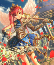 1girl angel_wings armor ascot beamed_quavers bespin blue_eyes blush bow_(music) breastplate building bush crotchet_rest fantasy female_focus flower frilled_skirt frills gauntlets harp highres instrument light_particles long_hair music musical_note original pauldrons petals playing_instrument quaver railing red_hair ribbon rose rose_petals shingoku_no_valhalla_gate shoulder_armor skirt sky smile solo musical_staff thigh_strap tiara treble_clef twintails violin wings wrist_cuffs