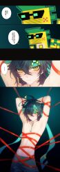 Rule 34 | 1boy, 1other, absurdres, ajaw (genshin impact), arms behind head, arms up, bdsm, black hair, black pants, chinese text, closed mouth, erzplubdduik93g, genshin impact, gradient background, green eyes, green hair, green headband, hair between eyes, headband, highres, jewelry, kinich (genshin impact), looking at viewer, male focus, multicolored hair, navel, pants, radial gradient background, red ribbon, ribbon, short hair, solo, speech bubble, stomach, streaked hair, topless male
