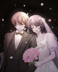 1boy 1girl black_background black_bow black_bowtie black_hair black_jacket black_vest bow bowtie bridal_veil bride brown_hair closed_eyes collared_shirt commentary_request dress formal_clothes good_end groom hair_between_eyes highres jabuchi_you jacket korean_commentary medium_hair mong2cha open_clothes open_jacket open_mouth puffy_short_sleeves puffy_sleeves saibou_shinkyoku shirt short_sleeves smile suit suit veil vest wedding_dress white_dress white_shirt yanagi_nina
