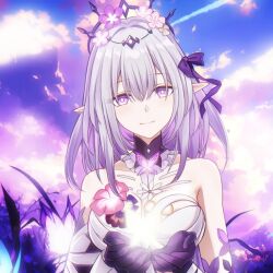 1girl bare_shoulders black_tiara breasts castorice_(honkai:_star_rail) commentary_request dress flower flower_ornament hair_flower hair_ornament highres honkai:_star_rail honkai_(series) long_hair looking_at_viewer medium_breasts pointy_ears purple_eyes purple_hair purple_hands purple_sky saint_laurent_paris sky smile solo tiara upper_body white_dress