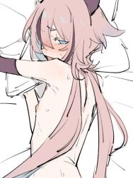 1girl azuma_shino back blue_eyes blush implied_sex long_hair meika_hime on_bed pink_hair sketch sweat