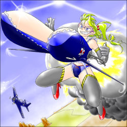 1girl aircraft airplane blue_eyes bow breasts elbow_gloves garter_belt glint gloves goggles green_hair hair_bow high_heels huge_breasts messy_hair original ponytail revision rocket shirokuro_jakko shoes smile smoke tears teeth too_literal what