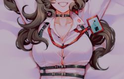 1girl arms_up black_choker breast_focus breasts brown_hair button_gap choker cleavage close-up collarbone collared_shirt facing_viewer from_above grin hololive hololive_english id_card j-chad lanyard large_breasts lips lipstick_mark long_hair lying mamaloni on_back shirt smile solo strap teeth torso unfinished virtual_youtuber wavy_hair white_shirt