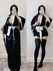 Rule 34 | 1girl, black hair, bleach, breasts, cleavage, cosplay, epppuni, full body, kuchiki rukia, kuchiki rukia (cosplay), large breasts, legs, miniskirt, phone, photo (medium), presenting, real life, selfie, semi-nude, sexually suggestive, shihakusho, short hair, skirt