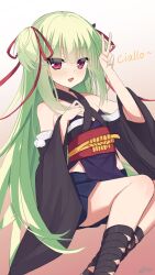 1girl :d absurdres arm_up bare_shoulders black_sleeves blue_skirt blush brown_background commentary_request detached_sleeves feet_out_of_frame gradient_background green_hair hair_ribbon highres hui_yu_yu_yu_ye long_sleeves murasame_(senren) obi open_mouth pleated_skirt red_eyes red_ribbon ribbon sash senren_banka skirt smile solo translation_request twitter_username two_side_up v white_background wide_sleeves