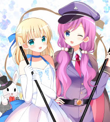 2girls 6_9 :d ;d alcohol belt black_belt black_hat blonde_hair blowgun_club_president_(gochiusa) blue_bow blue_eyes blunt_bangs bow breasts champagne champagne_flute collared_shirt cup dress drinking_glass elbow_gloves gloves gochuumon_wa_usagi_desu_ka? green_eyes hair_between_eyes hair_bow hair_ornament half_updo hat highres holding jacket kirima_syaro long_hair long_sleeves low_twintails multiple_girls necktie one_eye_closed open_mouth peaked_cap pink_hair purple_hat purple_jacket red_neckwear ryoutan shirt sleeveless sleeveless_dress small_breasts smile stuffed_animal stuffed_rabbit stuffed_toy top_hat twintails very_long_hair white_dress white_gloves white_shirt