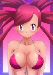 1girl absurdres bikini blush breasts cleavage collarbone flannery_(pokemon) grid grid_background highres large_breasts long_hair looking_at_viewer nintendo pink_background pink_bikini pokemon pokemon_rse ponytail red_eyes red_hair smile standing swimsuit upper_body zel-sama