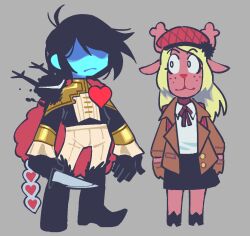 1girl 1other antlers black_hair blonde_hair blue_skin bob_cut caliginousarts closed_mouth colored_skin cosplay deer_girl deltarune full_body heart hooves horns ichi_(madan_no_ichi) ichi_(madan_no_ichi)_(cosplay) king_uroro knife kris_(dark_world)_(deltarune) kris_(deltarune) kumugi_(madan_no_ichi) kumugi_(madan_no_ichi)_(cosplay) looking_at_another madan_no_ichi noelle_holiday reindeer_antlers shaded_face simple_background