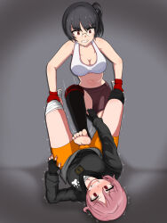 2girls barefoot catfight dougi glasses martial_arts milliani multiple_girls peril ryona tagme