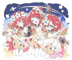 0l0za4 3girls ;o ancient_greek_clothes angel_wings black_gloves blue_eyes commentary cross-shaped_pupils dress flower gloves greco-roman_clothes grin hair_flower hair_ornament head_wreath highres honkai:_star_rail honkai_(series) multiple_girls one_eye_closed pointy_ears red_hair rocket short_hair smile symbol-only_commentary symbol-shaped_pupils trianne_(honkai:_star_rail) tribbie_(honkai:_star_rail) trinnon_(honkai:_star_rail) triplets white_blindfold white_dress wings