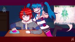 1boy 2girls absurdres ahoge amemiya_darumi black_boots black_bow black_hair black_skirt blue_eyes boots border bow chibi closed_mouth collar computer_mouse cursor filthyhector hair_bow heart highres indoors long_hair long_sleeves looking_at_viewer makeup messy_hair multiple_girls open_mouth pink_eyes pink_thighhighs pointing pointing_at_viewer purple_border red_border red_bow red_hair safety_pin saya_no_uta shirt skirt striped_clothes striped_shirt the_hundred_line_-last_defense_academy- thighhighs twintails