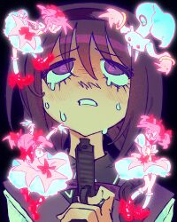 Rule 34 | @ @, absurdres, akemi homura, crying, crying with eyes open, gun, highres, holding, holding gun, holding weapon, imminent suicide, kaname madoka, kyubey, magical girl, mahou shoujo madoka magica, rainyy, simple background, tears, weapon