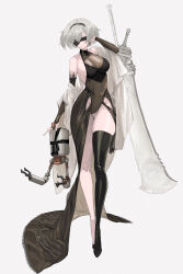 1girl 2b_(nier:automata) adjusting_hair bamuth black_dress black_hair black_hairband blindfold breasts dress full_body hairband high_heels highres leotard nier:automata nier_(series) pod_(nier:automata) short_hair sideboob single_thighhigh solo sword thighhighs weapon