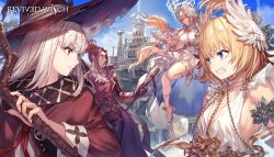 1boy 3girls armor black_cloak blonde_hair blue_eyes blue_sky bracelet breasts character_request cloak coat copyright_name copyright_notice corset dress garditis_(revived_witch) halo hat head_wings jewelry large_breasts long_hair looking_at_another multiple_girls nakanishi_tatsuya no_bra official_art red_coat red_eyes red_hair red_hat revived_witch second-party_source shirt short_hair sky small_breasts teeth thigh_strap vambraces white_corset white_dress white_hair white_shirt white_wings wings witch_(revived_witch) witch_hat yostar