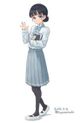 1girl absurdres basori_tiara black_hair black_pantyhose blue_bow blue_bowtie blue_eyes blue_skirt blush bow bowtie closed_mouth collared_shirt dated full_body hair_bun hand_up highres holding holding_paper long_sleeves looking_at_viewer make_heroine_ga_oo_sugiru! mole mole_on_neck pantyhose paper pleated_skirt school_uniform shirt shoes short_hair simple_background skirt smile solo standing summer_uniform toyosora tsuwabuki_high_school_uniform twitter_username uwabaki waving white_background white_shirt