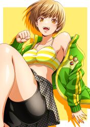 1girl bikini black_shorts black_skirt breasts brown_eyes brown_hair character_badge drop_shadow feet_out_of_frame green_jacket highres houndstooth jacket looking_at_viewer masatoshi_1219 medium_breasts open_clothes open_jacket open_mouth persona persona_4 satonaka_chie short_hair short_shorts shorts simple_background skirt smile solo striped_bikini striped_clothes swept_bangs swimsuit teeth thighs track_jacket upper_teeth_only yellow_background