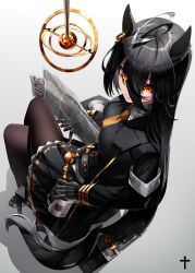 Rule 34 | 1girl, ahoge, amekudaki, animal ears, animal print, armillary sphere, belt, black belt, black coat, black gloves, black hair, black pantyhose, black skirt, breasts, briefcase, cat print, closed mouth, coat, cup, ear ornament, ear tag, earrings, gloves, hair between eyes, hair tie, highres, holding, holding cup, holding newspaper, horse ears, horse girl, jewelry, long bangs, long hair, long hair between eyes, manhattan cafe (umamusume), medium breasts, mug, multicolored hair, necktie, newspaper, open clothes, open coat, pantyhose, plate, pleated skirt, simple background, single earring, skirt, smile, solo, table, umamusume, very long hair, white background, white hair, yellow eyes, yellow necktie
