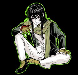1boy bandaged_hand bandaged_leg bandages black_background black_eyes black_hair black_jacket bug centipede chinese_commentary collared_shirt commentary_request facial_tattoo green_outline green_scarf hand_on_own_leg highres jacket jiubai369 long_hair long_sleeves male_focus open_clothes open_jacket outline pants scarf shirt simple_background sitting smile solo tattoo touqi_guaitan white_pants white_shirt ziche_fuzhao