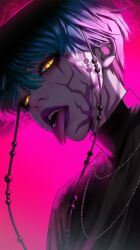 1boy baby_(kpop_demon_hunters) black_hanbok blue_hair commentary facial_mark gat_(hat) glowing glowing_eyes hanbok hat highres jewelry korean_clothes kpop_demon_hunters lips long_tongue male_focus merururuu multiple_necklaces necklace piercing pink_background short_hair simple_background solo teeth tongue tongue_out tongue_piercing upper_body yellow_eyes