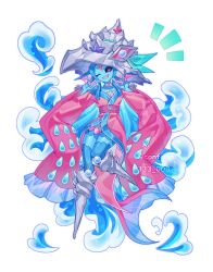 1girl ariemon black_sclera blue_hair blue_skin collarbone colored_sclera colored_skin confeito000_333 digimon digimon_(creature) forehead_jewel full_body hat highres japanese_clothes kimono one_eye_closed pink_eyes pink_kimono sharp_teeth simple_background solo teeth white_background
