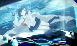 1girl against_glass black_hair black_skirt black_socks blue_eyes fish_hair_ornament from_below full_body glasses hair_ornament hand_on_glass highres kneehighs lab_coat light_reflection_(water) looking_to_the_side low_twintails necktie no_shoes pleated_skirt rectangular_eyewear red_necktie shimeji_simulation shirt skirt socks suikatabetaiii swimming tsukishima_shijima&#039;s_sister twintails underwater white_shirt