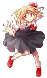 1girl alphes_(style) ascot black_dress black_vest blonde_hair blouse closed_mouth collar collared_shirt commentary_request dairi dress foreshortening frilled_collar frilled_sleeves frills full_body hair_ribbon large_variant_set leg_up long_sleeves looking_at_viewer mary_janes outstretched_arms parody red_ascot red_eyes red_ribbon red_shoes ribbon rumia shirt shoes smile socks solo standing standing_on_one_leg style_parody tachi-e touhou transparent_background two-tone_ribbon variant_set vest white_ribbon white_sleeves white_socks white_trim