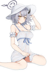 1girl absurdres arm_up black_horns blue_archive blush breasts cleavage closed_mouth clothes_lift commentary_request demon_girl demon_horns dress dress_lift halo hat highres horns large_breasts lifting_own_clothes looking_ahead moriyama_a official_alternate_costume panties pantyshot see-through_clothes see-through_dress sena_(blue_archive) sena_(casual)_(blue_archive) short_hair simple_background sitting sky smile solo sun_hat sundress thighs underwear wariza wet wet_clothes wet_dress white_background white_dress white_hair white_hat yellow_eyes