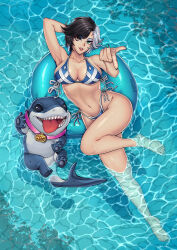 1girl absurdres bikini black_hair blue_bikini blue_eyes breasts fins fish_tail heterochromia highres innertube jeff_(marvel) looking_at_viewer luna_snow marvel marvel_rivals midriff multicolored_hair navel open_mouth shark shark_tail sharp_teeth short_hair smile split-color_hair swim_ring swimsuit tail teeth tongue tongue_out tre_artz two-tone_hair white_hair
