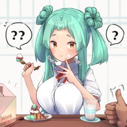 1girl breasts casual green_hair highres kosanae_sasaho large_breasts long_sideburns oppai_loli original ponytail short_bangs sideburns smaragdus_viridi tsurime yellow_eyes