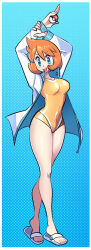 Rule 34 | 1girl, arms up, blue eyes, blush, breasts, competition swimsuit, flip-flops, gold one-piece swimsuit, green eyes, highres, holding, holding poke ball, jacket, large breasts, looking at viewer, missandydandy, misty (pokemon), nintendo, one-piece swimsuit, open clothes, open jacket, open mouth, orange hair, poke ball, poke ball (basic), pokemon, pokemon hgss, sandals, short hair, smile, solo, swimsuit, thighs, white jacket
