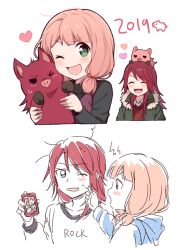 Rule 34 | &gt; o, 2019, 2girls, ;d, ^ ^, animal, animal on head, bang dream!, black shirt, blue eyes, blush, boar, cellphone, cheek pinching, chinese zodiac, closed eyes, clothes writing, fur-trimmed hood, fur trim, fur trimm, green eyes, green jacket, heart, holding, holding animal, holding phone, hood, hood down, hooded jacket, hoodie, jacket, long hair, looking at another, low twintails, multiple girls, multiple views, on head, one eye closed, open mouth, phone, pinching, re ghotion, red hair, shirt, simple background, sketch, smartphone, smile, twintails, udagawa tomoe, uehara himari, white background, year of the pig