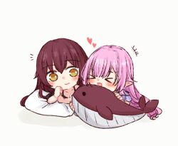 Rule 34 | &gt; &lt;, 2girls, blush, brown hair, chibi, chibi only, commentary, eden (honkai impact), elf, elysia (honkai impact), heart, holding, holding stuffed toy, honkai (series), honkai impact 3rd, long hair, multiple girls, open mouth, pillow, pink hair, pointy ears, simple background, stuffed animal, stuffed toy, toufu 0626, white background, yellow eyes
