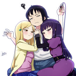 1boy 2girls black_hair blonde_hair blush breasts brown_eyes closed_mouth controller dress ejami hair_ornament hidaka_koharu high_score_girl long_hair multiple_girls oono_akira purple_dress purple_hair simple_background smile white_background yaguchi_haruo