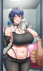 1boy 1girl ball black_pants black_sports_bra blue_hair blurry blurry_background breasts brown_hair collarbone commentary_request curvy doorway dryseaweed exercise_ball gradient_hair highleg highleg_panties large_breasts last_origin multicolored_hair navel open_mouth panties pants pov short_hair smile sports_bra standing steaming_body sterling_(last_origin) thumbs_up towel two-tone_hair underwear wiping_sweat
