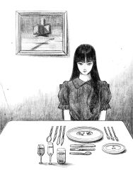 1girl black_hair cup drinking_glass fork greyscale highres long_hair monochrome original painting_(object) picture_frame short_sleeves solo spoon table table_knife tp_p_pt utensil wine_glass