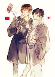 Rule 34 | 2boys, ^^^, axis powers hetalia, belt, black coat, black gloves, black hair, brown hair, buttons, cellphone, closed eyes, closed mouth, coat, commentary request, cowboy shot, genderswap, genderswap (ftm), gloves, hand on another&#039;s shoulder, hand up, haori, highres, holding, japan (hetalia), japanese clothes, japanese flag, kimono, lapels, long sleeves, male focus, multiple boys, open clothes, open mouth, pants, phone, plaid clothes, plaid scarf, pom pom (clothes), republic of china flag, rudorufu11, scarf, selfie stick, short hair, simple background, smartphone, smile, standing, taiwan (hetalia), taiwan (male) (hetalia), v, white background, white belt, white kimono, white pants, wide sleeves, yellow scarf