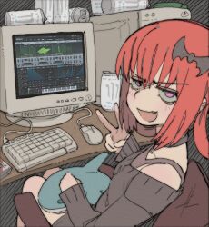 1girl :d black_choker brown_sweater can chair choker commentary commission computer computer_keyboard computer_mouse computer_tower crt drink_can english_commentary fang gabriel_dropout hand_up ikea_shark jitome looking_at_viewer monitor monster_energy off-shoulder_sweater off_shoulder office_chair open_mouth pantsu-ripper satanichia_kurumizawa_mcdowell sitting sleeves_past_wrists smile soda_can solo stuffed_animal stuffed_shark stuffed_toy sweater swivel_chair v v-shaped_eyebrows