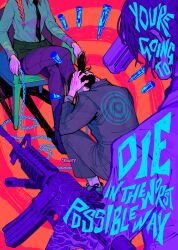 1boy 1girl artist_name assault_rifle black_necktie blue_jacket blue_theme braid braided_ponytail bullet chain chainsaw_man collared_shirt cranity crossed_arms formal_clothes gun gun_devil_(chainsaw_man) hair_over_shoulder hayakawa_aki highres holding holding_chain jacket makima_(chainsaw_man) medium_hair necktie red_hair rifle shirt shirt_tucked_in short_hair sitting spiral squatting suit suit_jacket target topknot weapon white_shirt