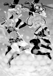 abs boots dress haruka_(yuusha_ni_zenbu_ubawareta_ore_wa_yuusha_no_hahaoya_to_party_wo_kumimashita!) kuon_makoto manga_page misaki_(yuusha_ni_zenbu_ubawareta_ore_wa_yuusha_no_hahaoya_to_party_wo_kumimashita!) monochrome official_art sayo_(yuusha_ni_zenbu_ubawareta_ore_wa_yuusha_no_hahaoya_to_party_wo_kumimashita!) shizuko_(yuusha_ni_zenbu_ubawareta_ore_wa_yuusha_no_hahaoya_to_party_wo_kumimashita!) staff sword thigh_boots weapon yuusha_ni_zenbu_ubawareta_ore_wa_yuusha_no_hahaoya_to_party_wo_kumimashita!