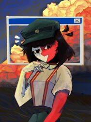 1girl black_hair cloud colored_skin dysiswitch ena_(dream_bbq)_(joel_g) ena_(series) golden_hour green_shorts highres looking_at_viewer medium_hair multicolored_skin red_skin red_suspenders shorts sky solo suspender_shorts suspenders two-tone_skin white_skin