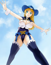 10s 1girl bad_id blonde_hair blue_eyes blue_thighhighs breasts cleavage cloud covered_erect_nipples cowboy_hat day eureka_seven_(series) eureka_seven_ao female_focus fleur_blanc garter_belt garter_straps hat heart large_breasts long_hair nail_polish sayuhime_tatsumi see-through_clothes sky smile solo thighhighs wrist_cuffs